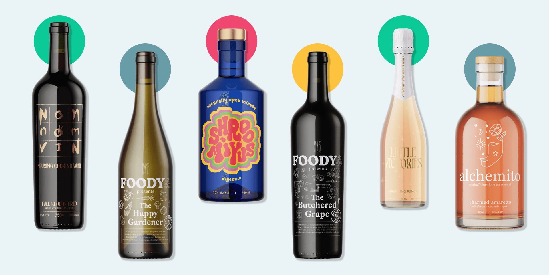 Nom Nom Vin — conceptual bottle lineup with bold dot motifs